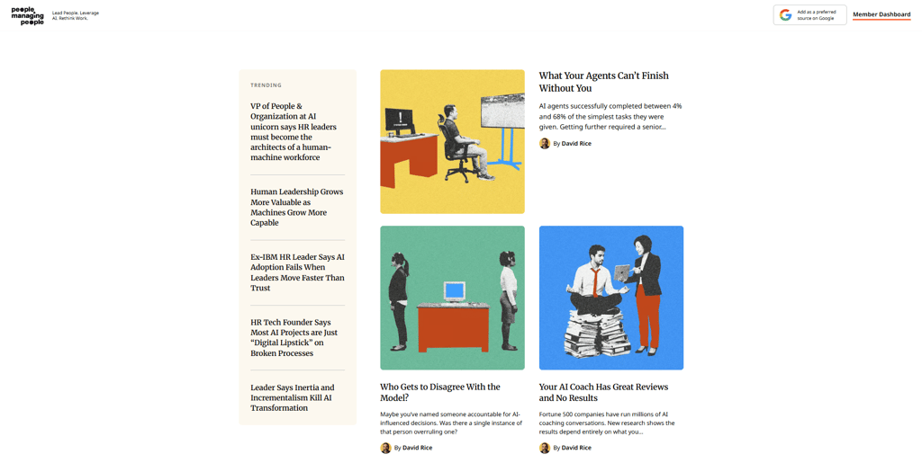 Página de People Managing People con artículos sobre IA y liderazgo
