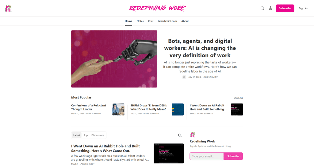 Página de Redefining Work que presenta análisis sobre AI, trabajadores digitales y contratación