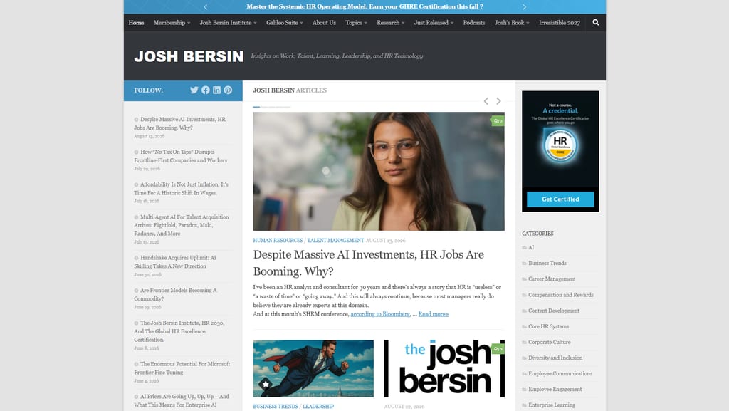 Josh-Bersin-Website mit Artikeln zu HR, Talenten und der Arbeitswelt