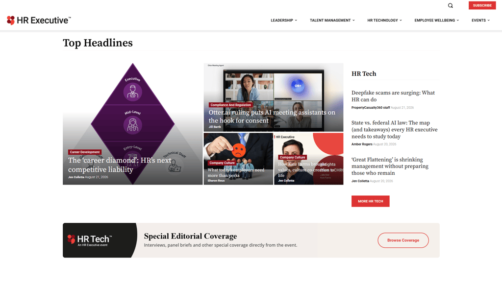 Página de inicio de HR Executive que muestra las noticias principales y las actualizaciones más recientes del sector