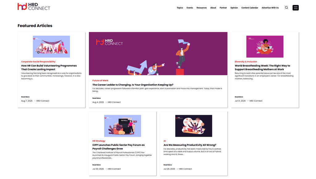 Página de HRD Connect que muestra artículos destacados sobre temas del lugar de trabajo y la IA