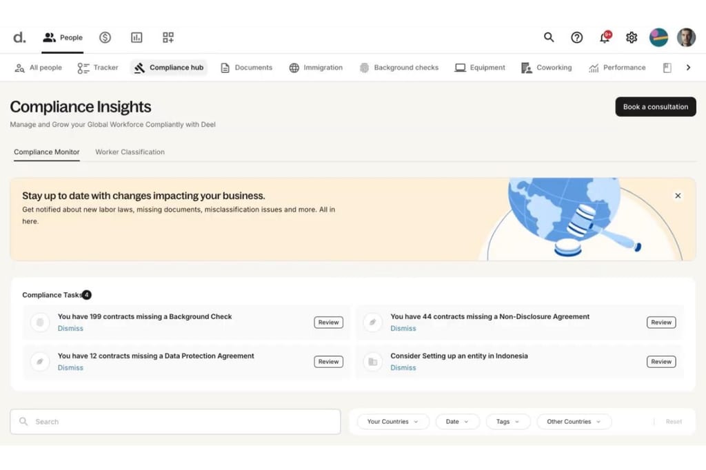 Deel's dashboard shows compliance insights from compliance monitoring to worker classification. This includes missing agreements, elements, clauses, and tasks.