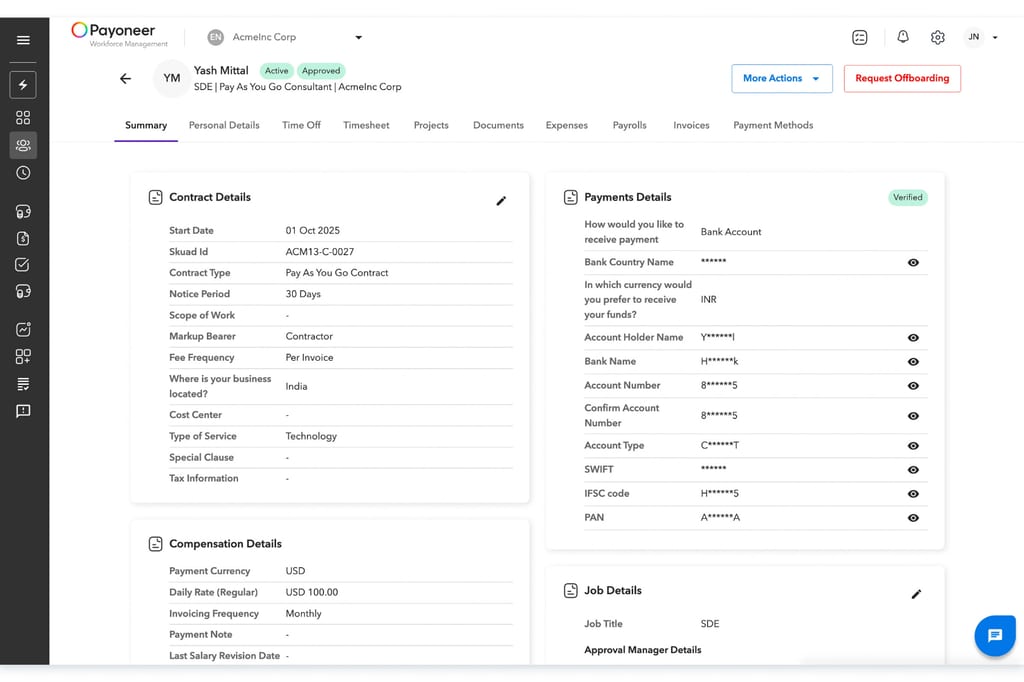 With Payoneer's dashboard and Employee Offboarding feature, you can formally start and manage the exit process for an employee in Payoneer WFM, ensuring compliance, payroll, and operational requirements are met when an employee leaves.