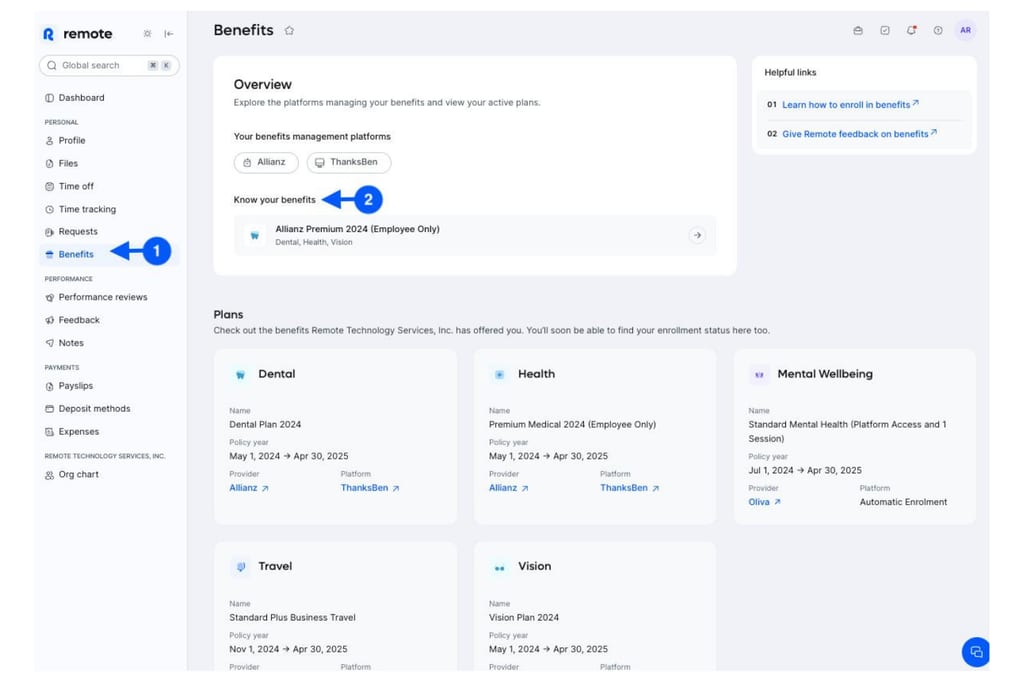 Remote's dashboard shows a benefits overview for employees