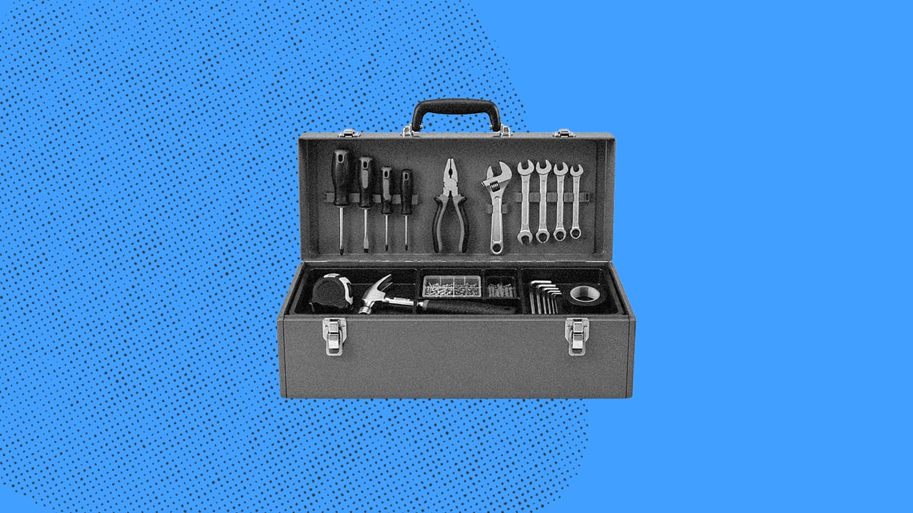 Blue image with grey toolbox centered, representing the tools an EOR (the toolbox) offers