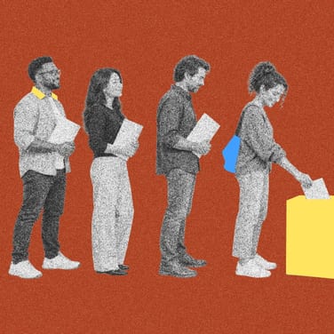 Four professionals line up to file a different shape of a different each into a yellow box, representing getting the paperwork and implementation process started with their various type of EOR service.