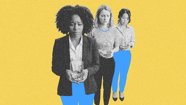 Stylized black-and-white image of three office workers standing in a line against a yellow background, with bright blue graphic accents on their clothing, holding jars for money.