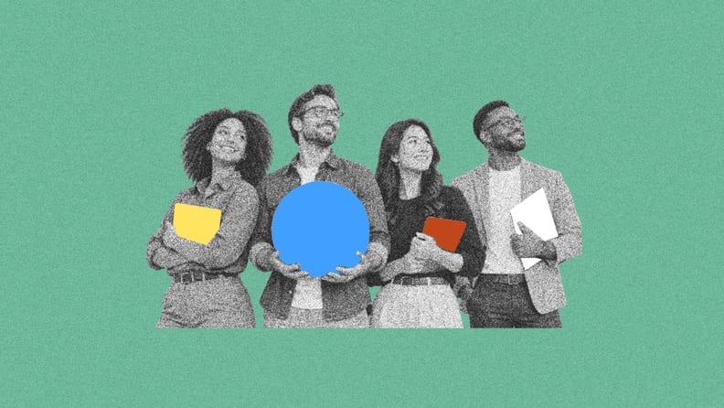 Four professionals hold a different coloured shape each representing the different types of EORs, which are suited to different needs and purposes.