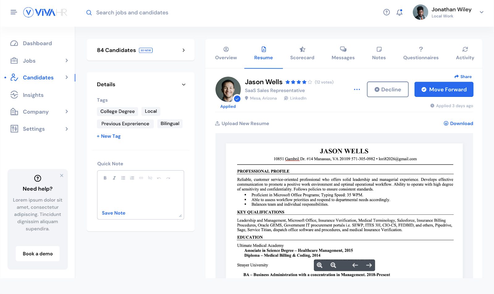 screenshot of vivahr applicant tracking