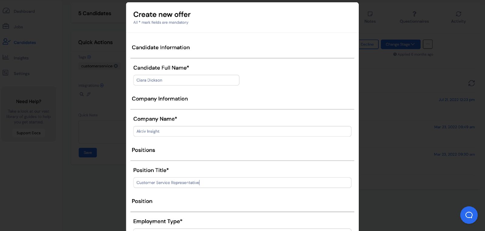 screenshot of vivahr offer management