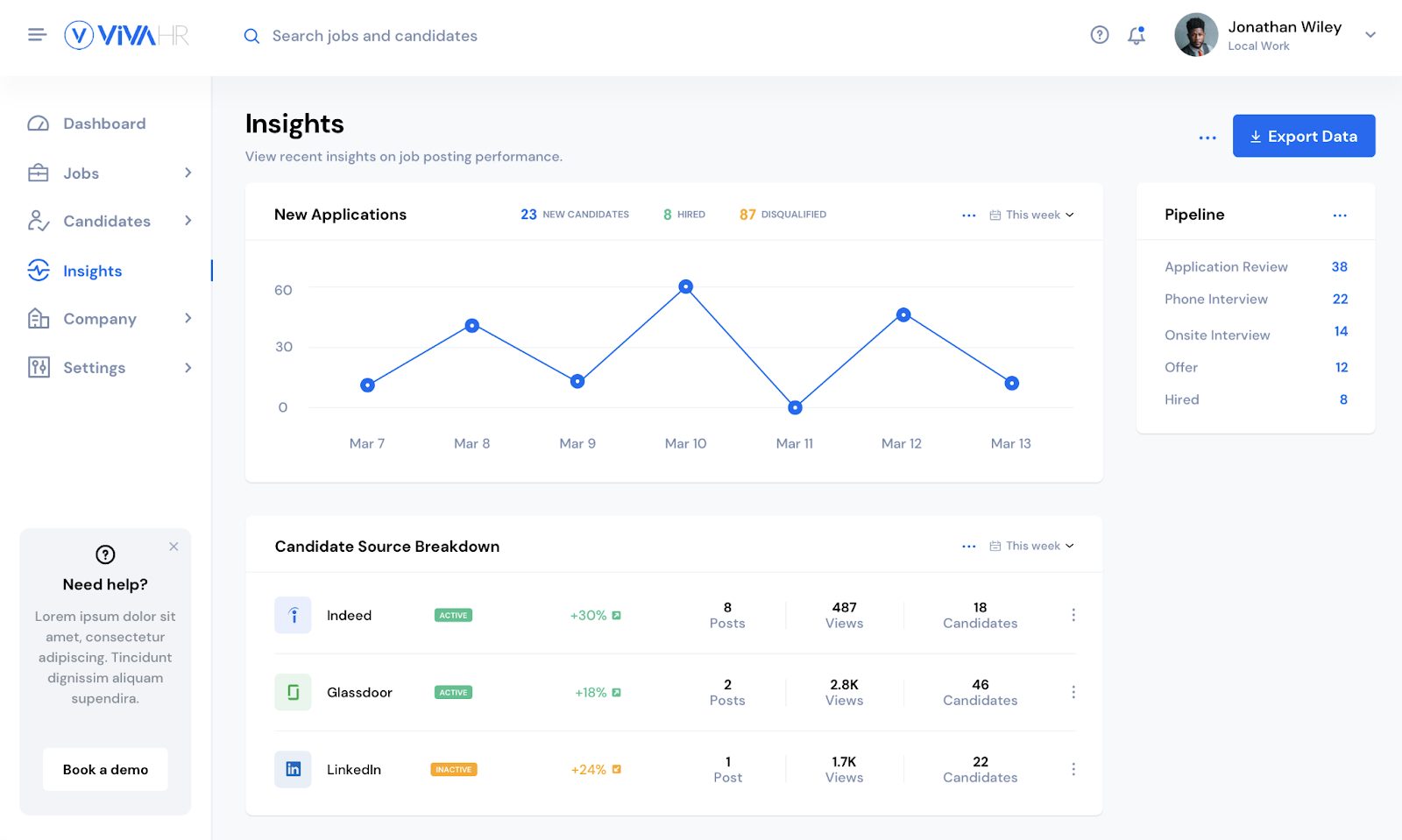 screenshot of vivahr recruiting analytics