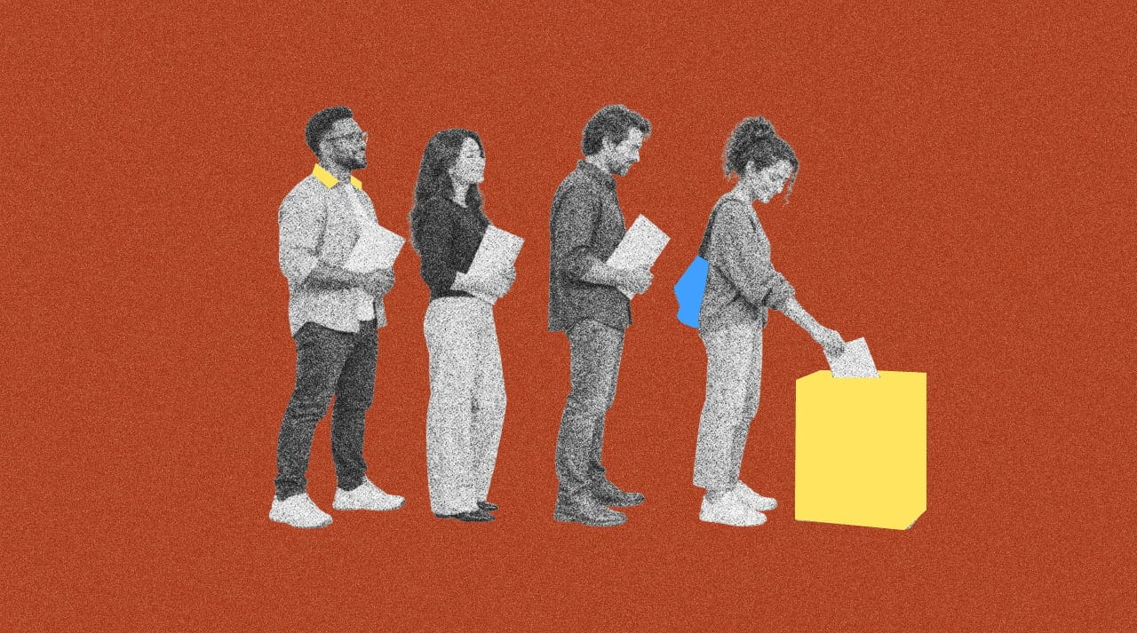 Four professionals line up to file a different shape of a different each into a yellow box, representing getting the paperwork and implementation process started with their various type of EOR service.