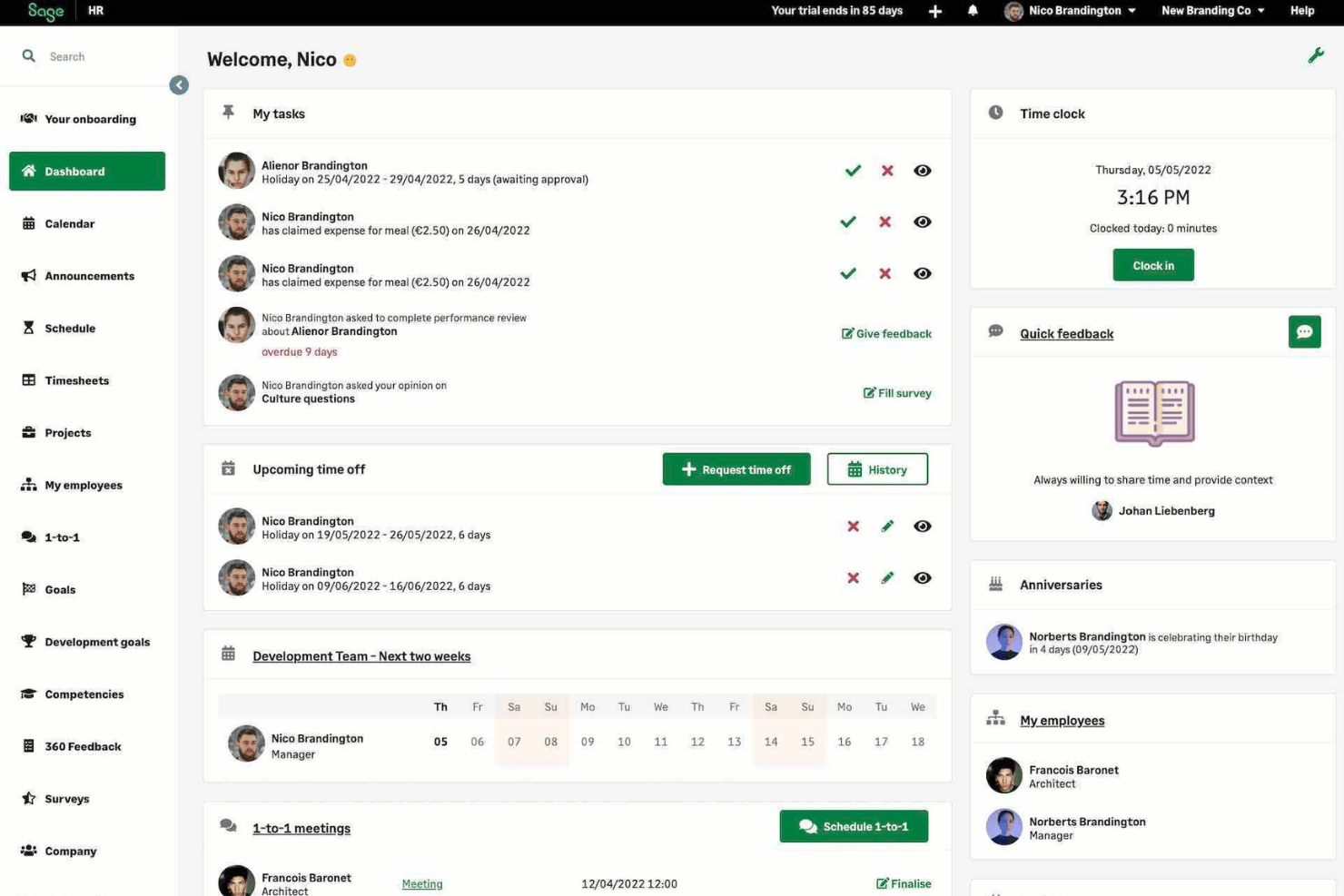 Sage HR centralizes employee records, leave tracking, and time tools.