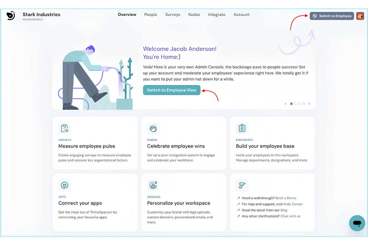 ThriveSparrow welcomes users with quick-access cards for Surveys, Kudos, Employees, Apps, and workspace settings.