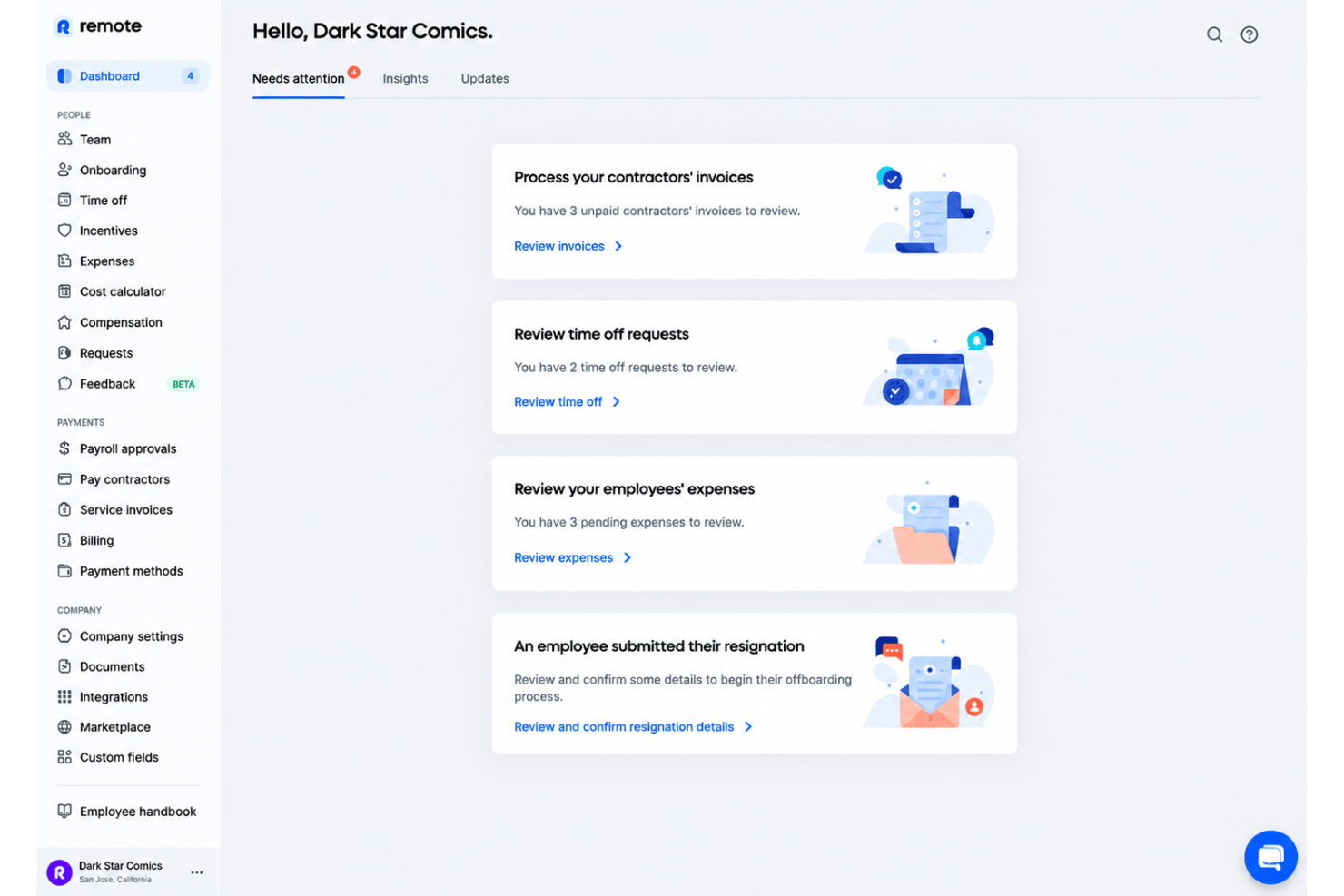 Remote dashboard with onboarding, contracts, payroll, and hiring tools.