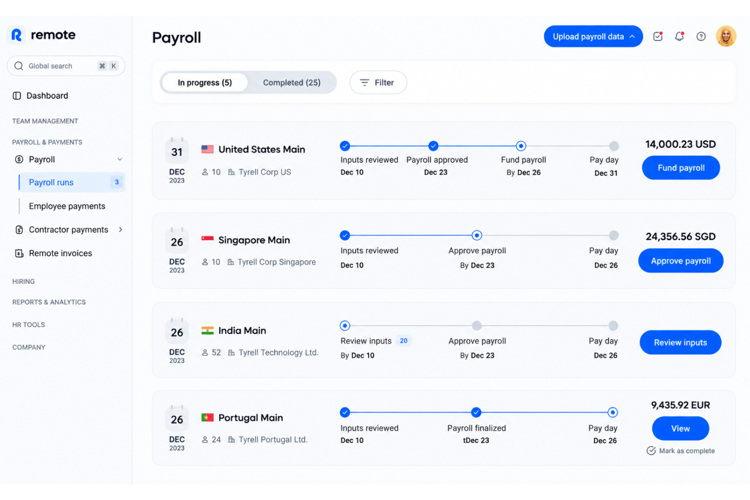 Remote payroll dashboard with global employees, taxes, and payments.