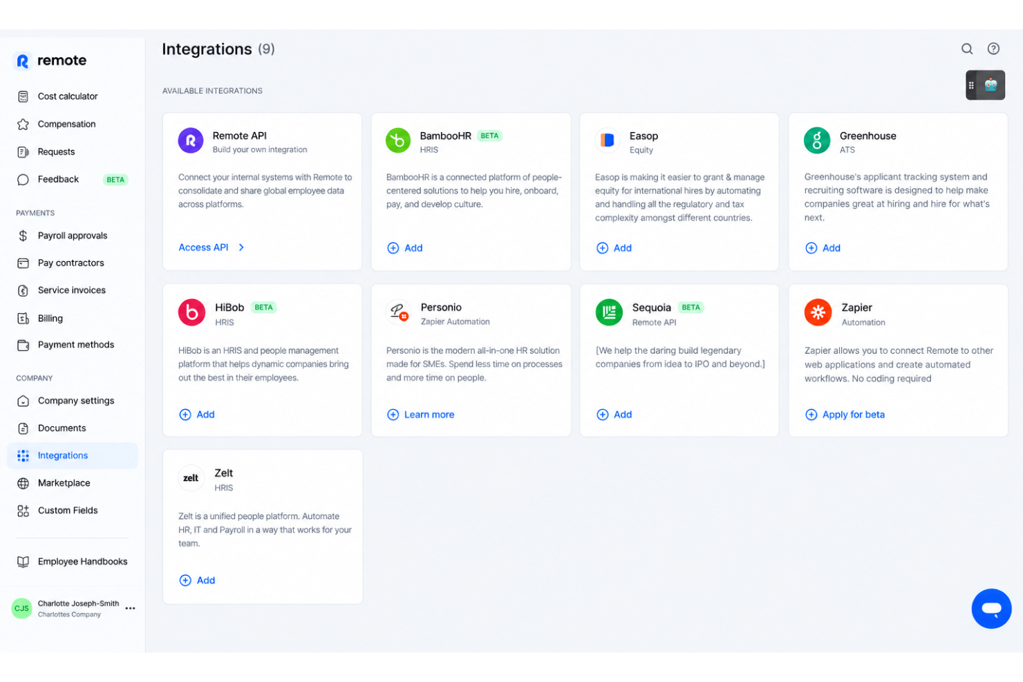 Remote integrations with BambooHR, HiBob, NetSuite, Xero, and Zapier.