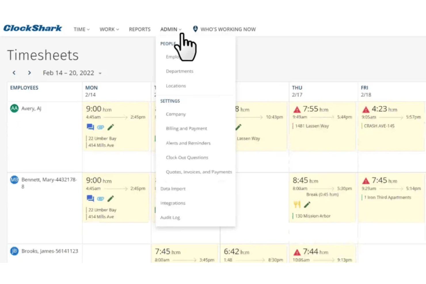 ClockShark's Jobs list view displays details such as hours budgeted, hours worked, date created, stage, and active status for each job.