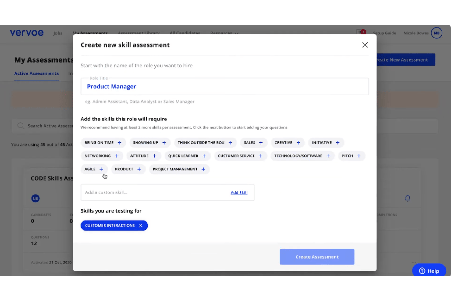 Vervoe AI assessment builder with job-based questions and competencies.