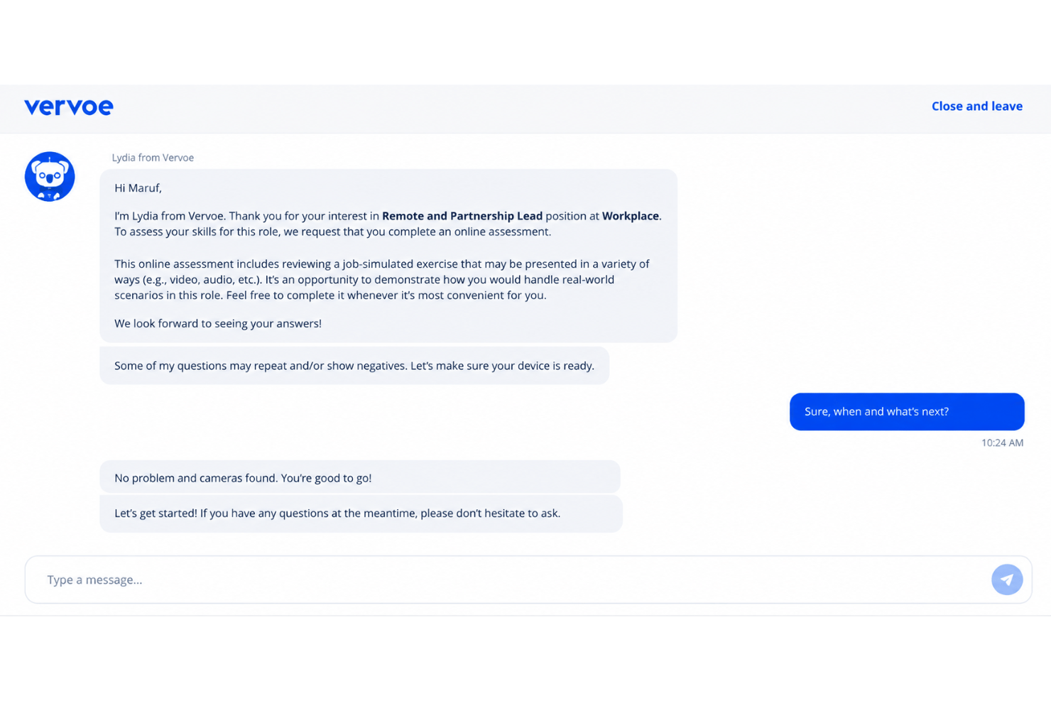 AI screening chatbot with candidate questions and responses.