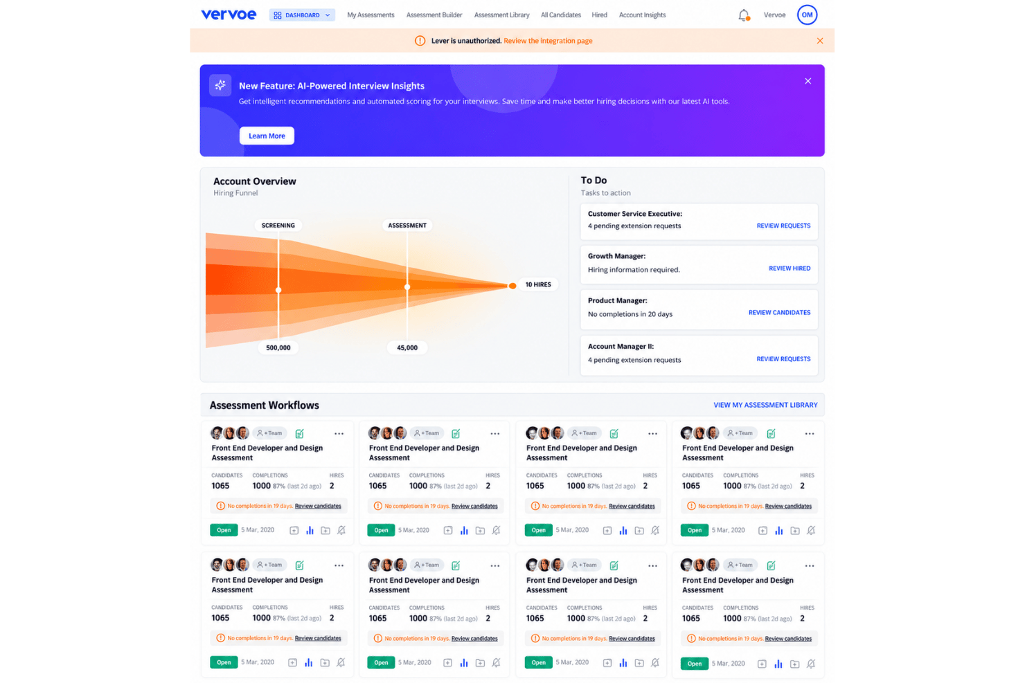 Vervoe interface with AI assessments, candidate ranking, and response scoring.