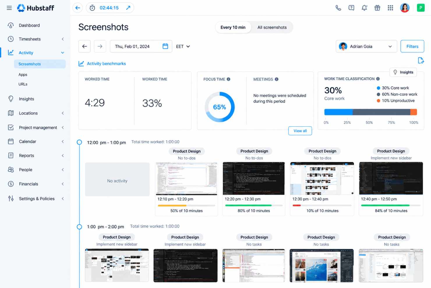 Hubstaff activity tracking with app usage, URLs, and activity levels.