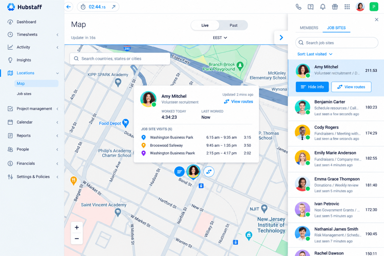 Hubstaff GPS tracking with employee locations and geofenced job sites.