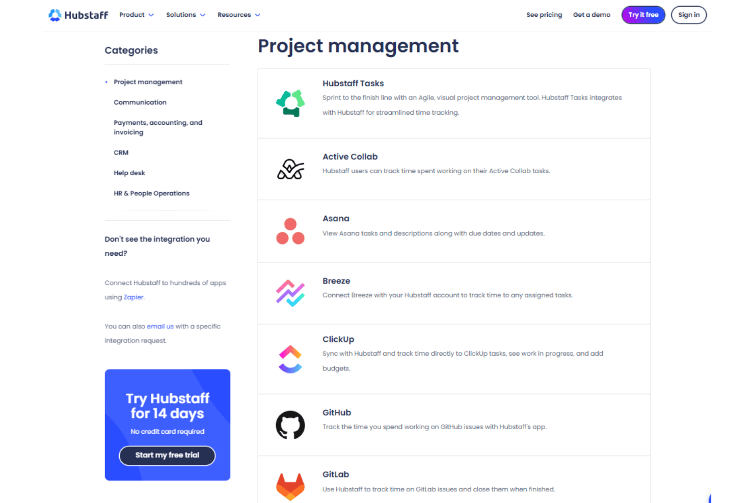 Hubstaff integrations with Asana, ClickUp, Slack, Jira, and Salesforce.