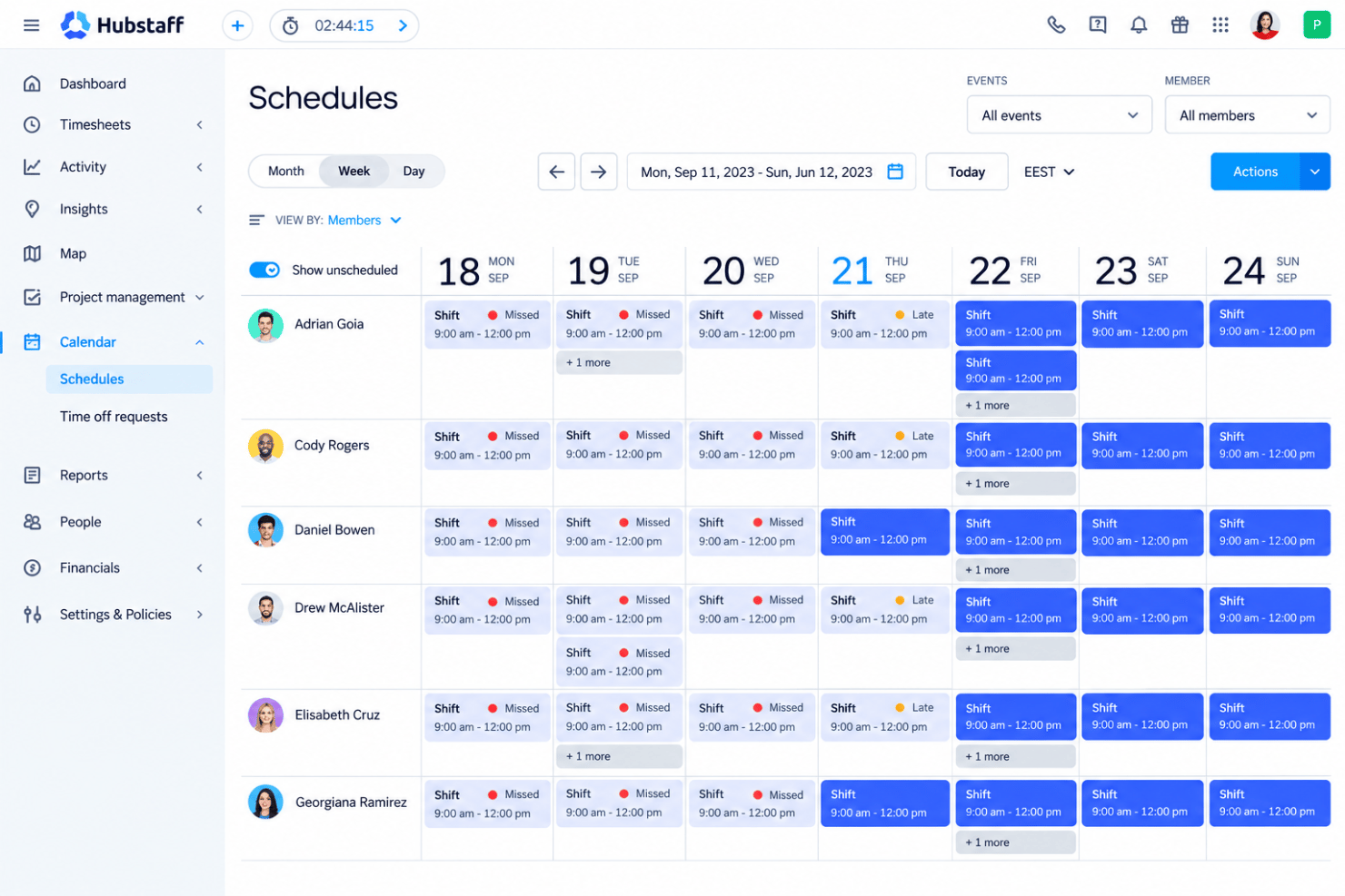 Hubstaff scheduling with employee shifts, planned hours, and tracked time.