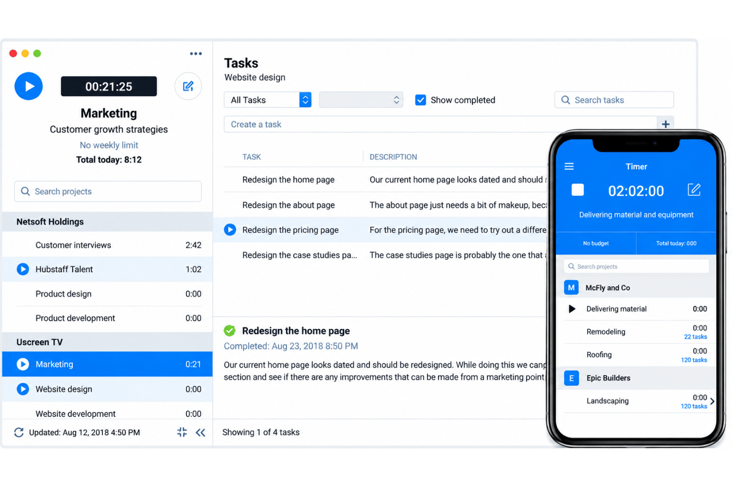 Hubstaff time tracking with timers, projects, tasks, and work hours.