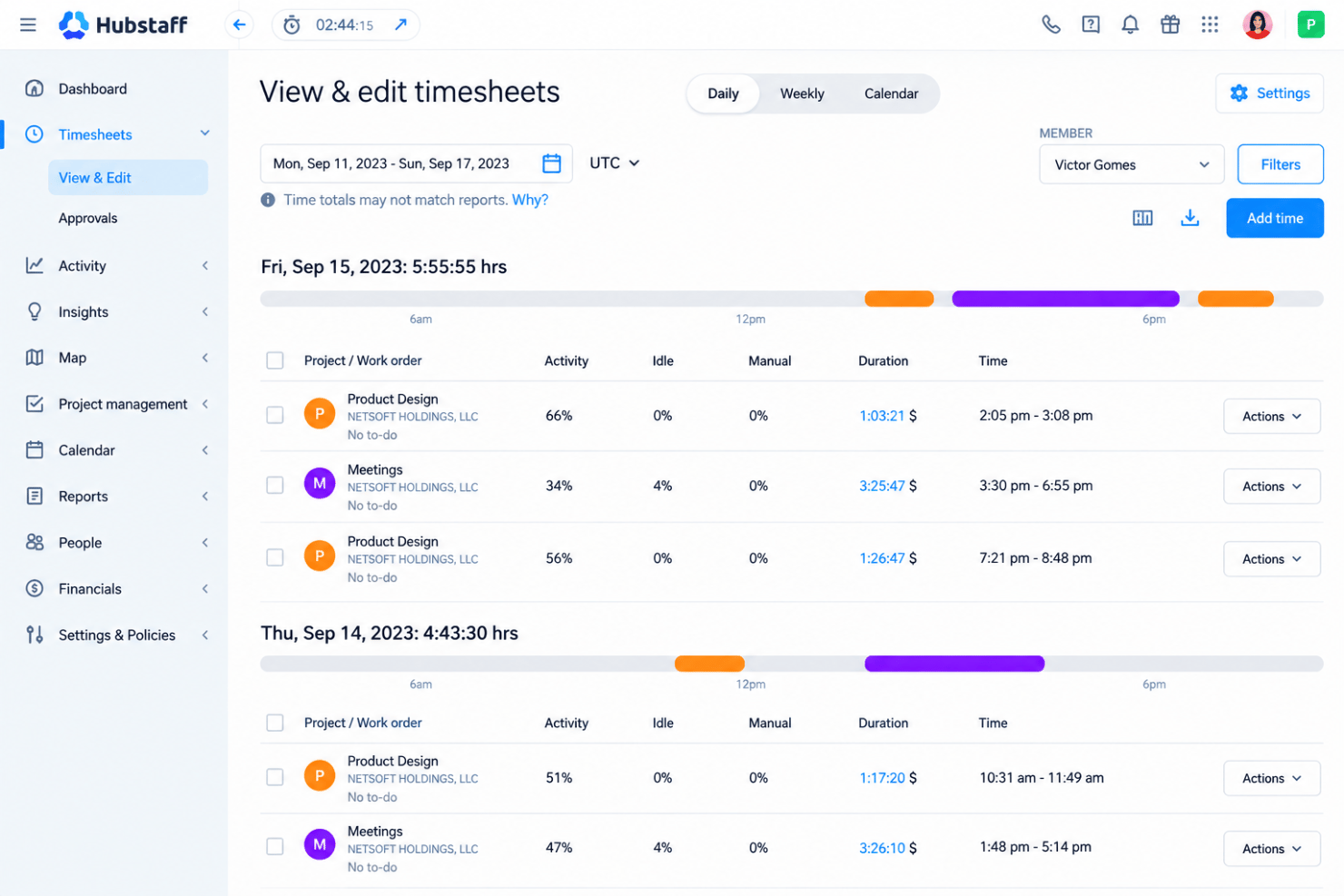 Hubstaff timesheet approvals with tracked hours, edits, and review status.