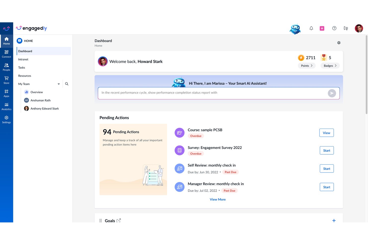 Engagedly dashboard showing pending actions, AI assistant, points, and badges.