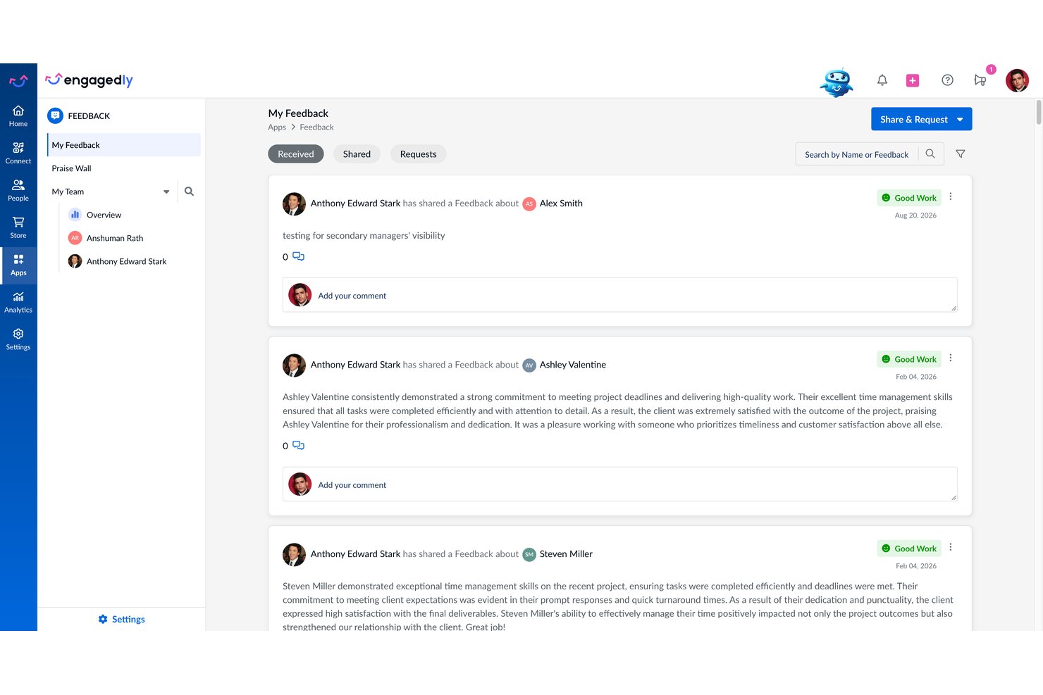 Engagedly feedback dashboard showing received feedback cards with comments and ratings.