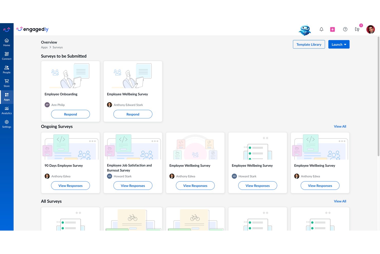 Engagedly surveys dashboard showing ongoing and submitted employee survey cards.