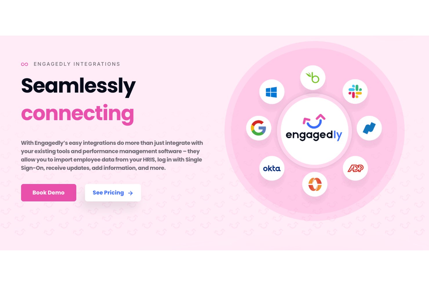 Engagedly integrations diagram showing connected app logos on pink background.