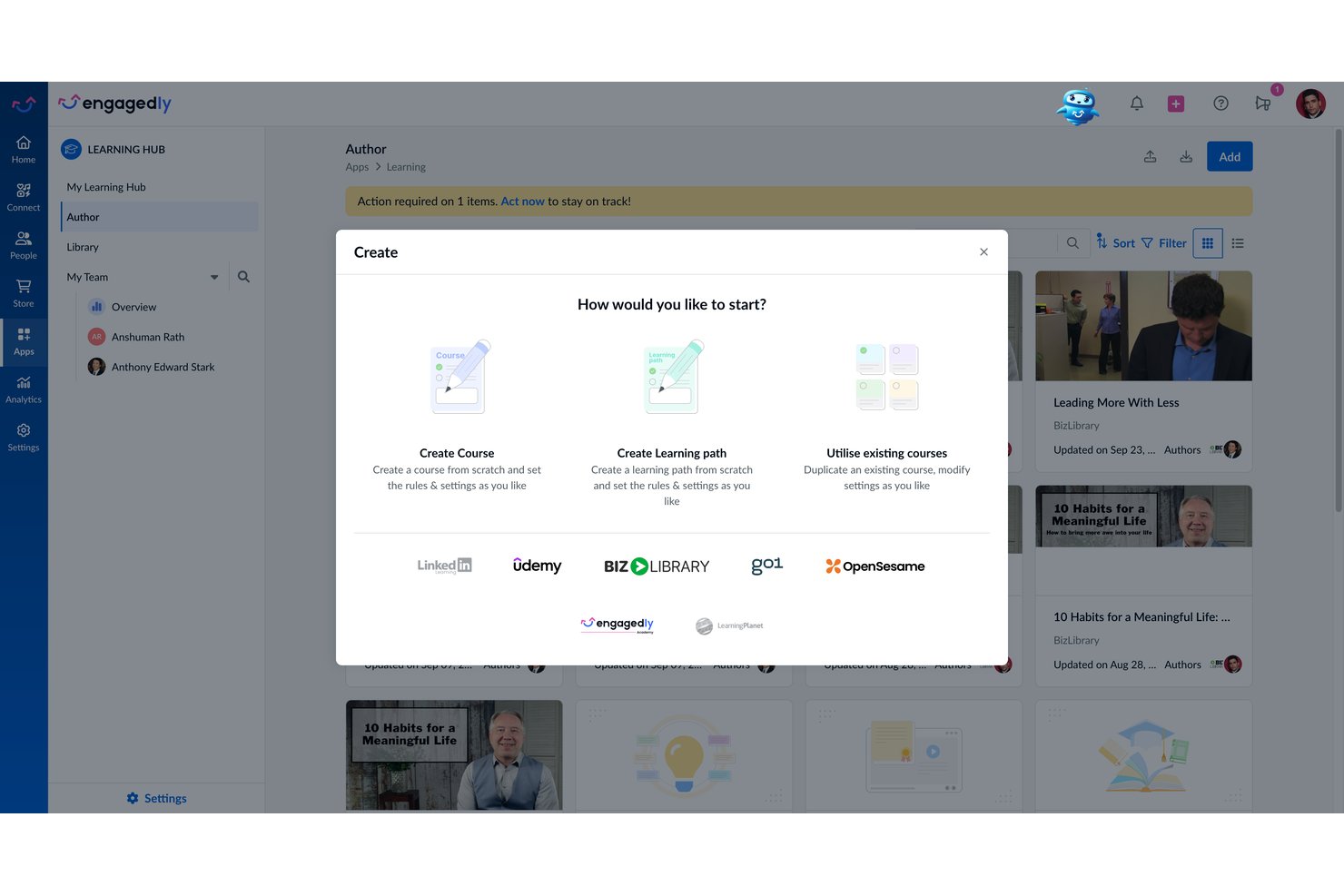 Modal dialog showing three options to create courses or learning paths on Engagedly.