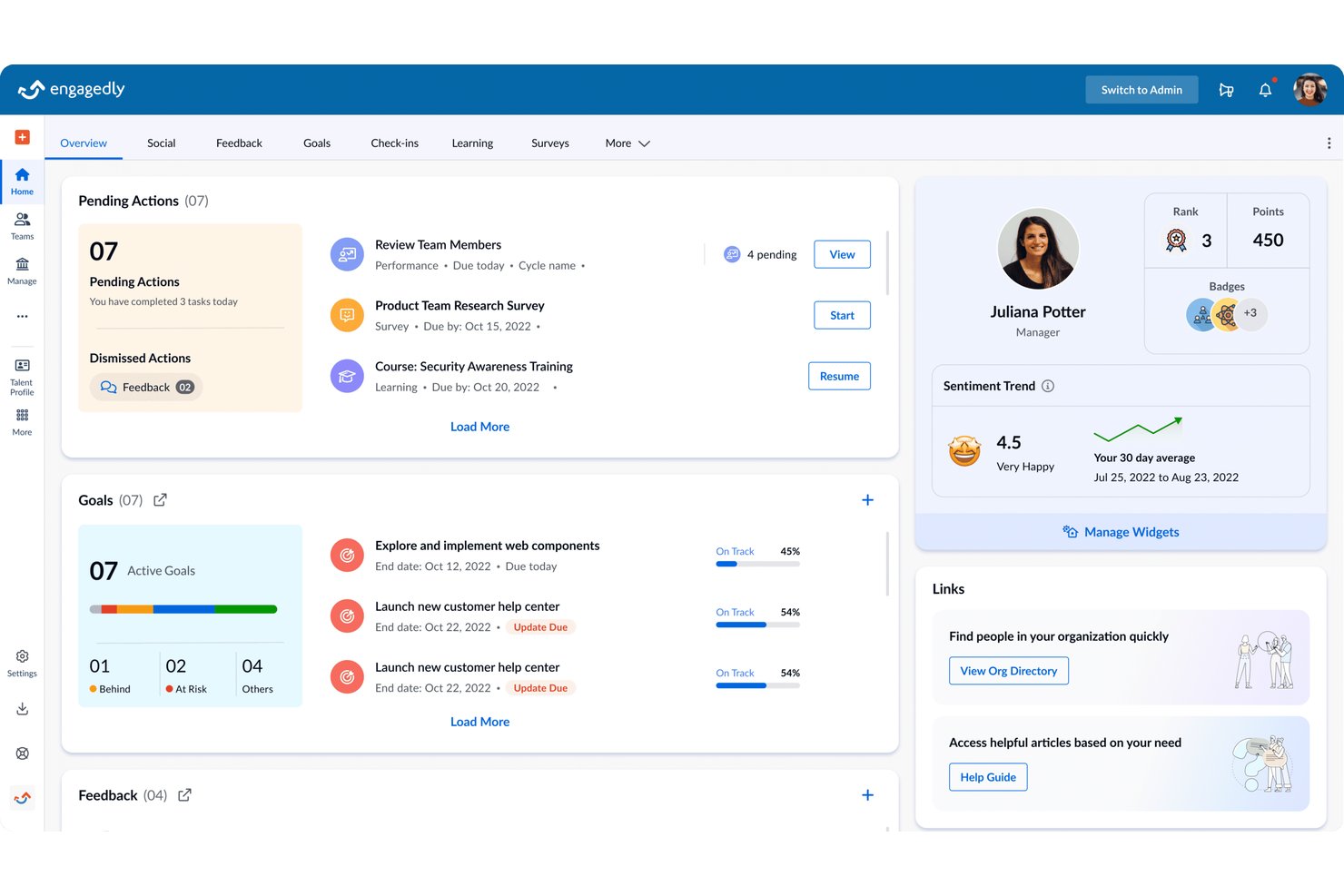 Engagedly centralizes goals, feedback, and learning in one dashboard.