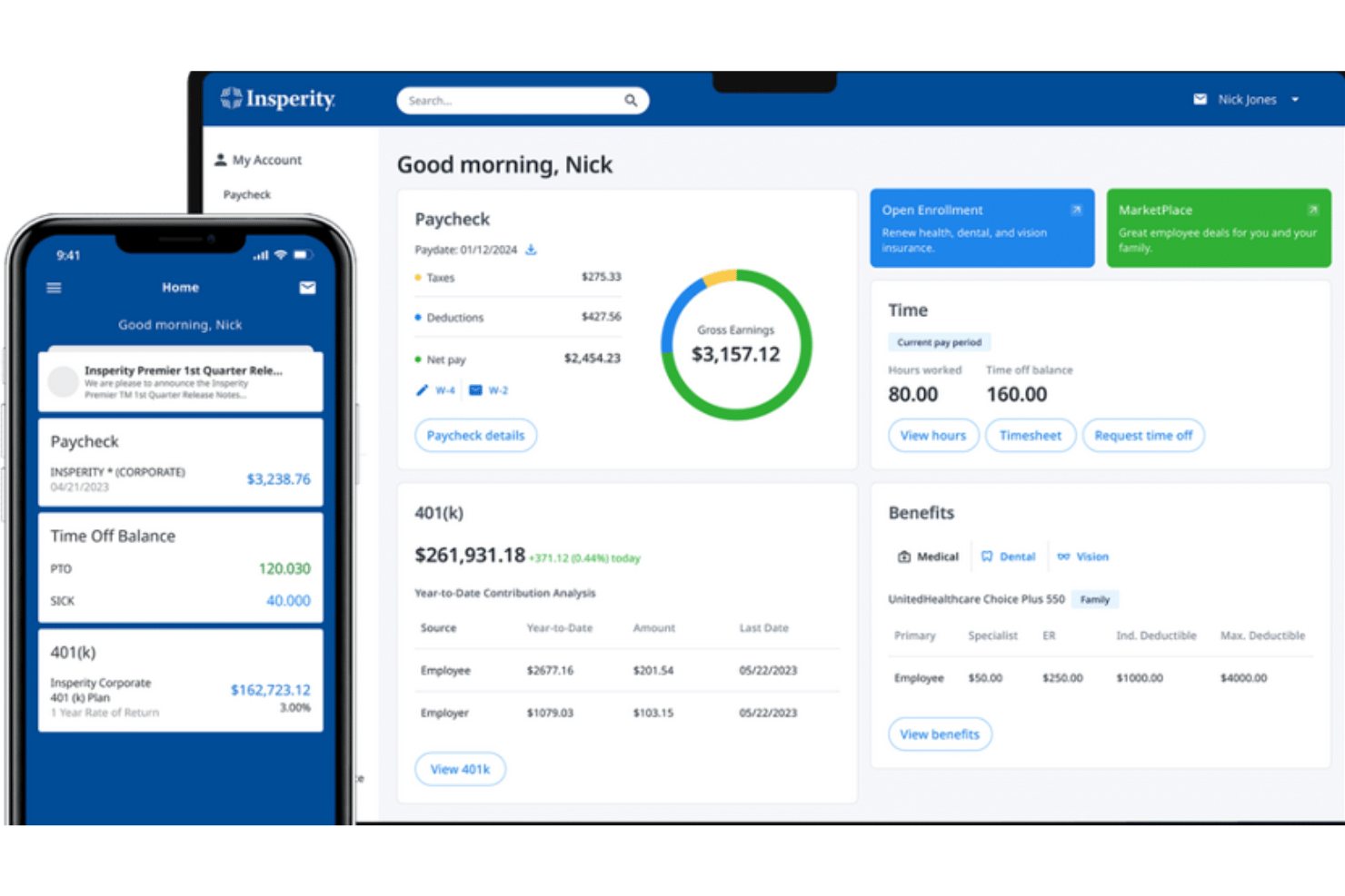 Insperity offers a unified dashboard across both desktop and mobile interfaces.
