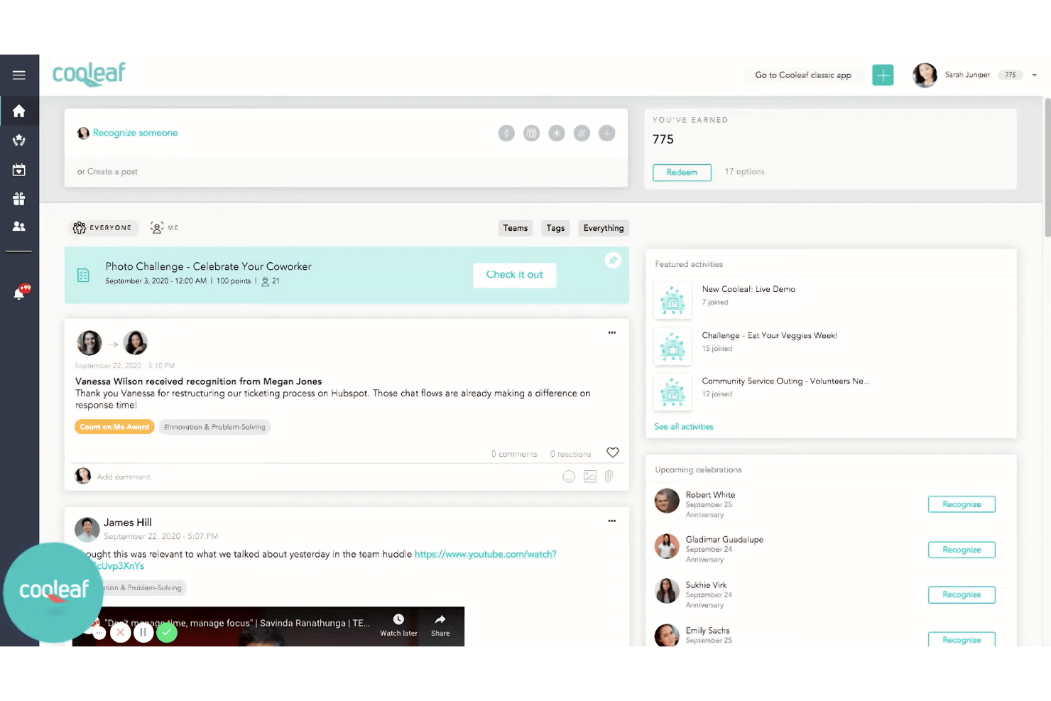 Cooleaf features a social recognition feed, earned points, featured activities, and upcoming employee celebrations.