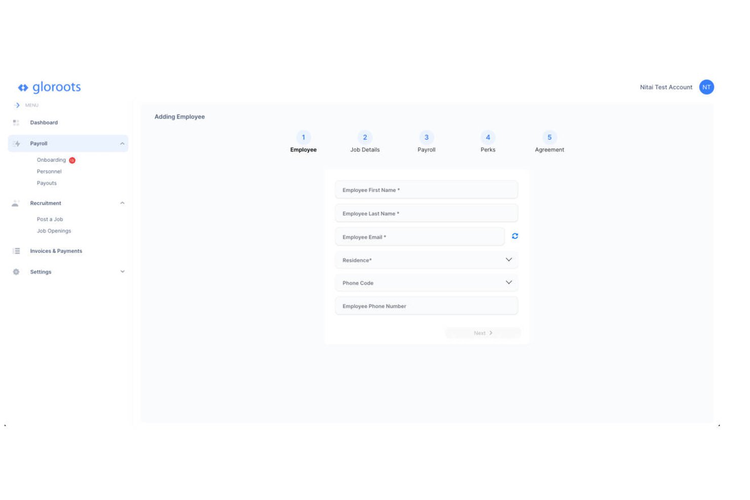 Gloroots offers a structured multi-step employee onboarding.