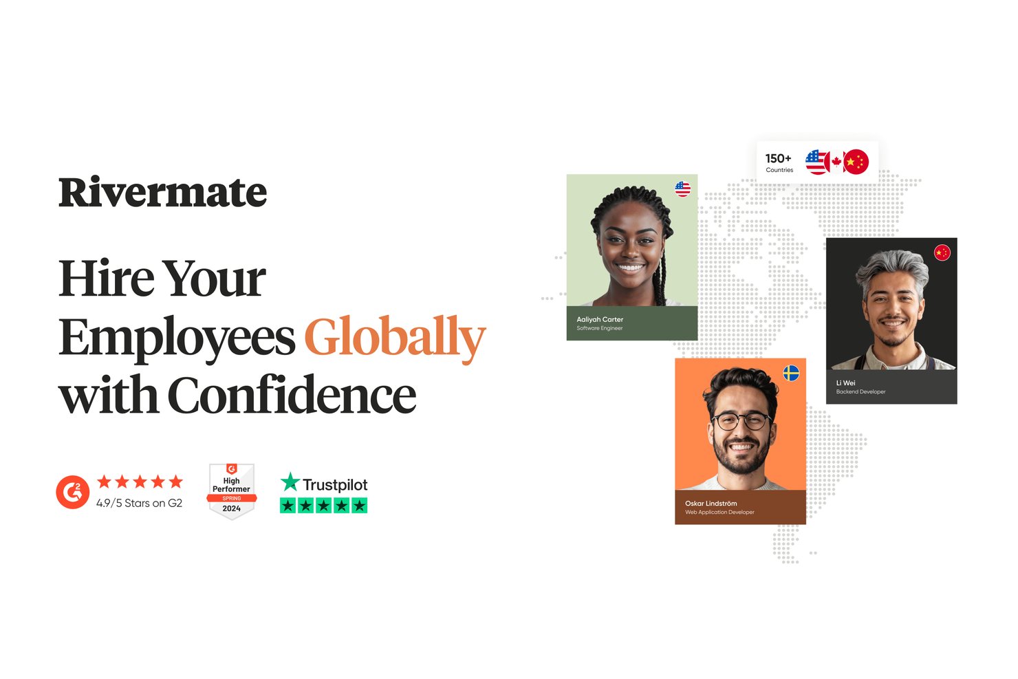 Rivermate offers a global hiring platform with coverage across 150+ countries, highlighted by strong G2 and Trustpilot ratings.