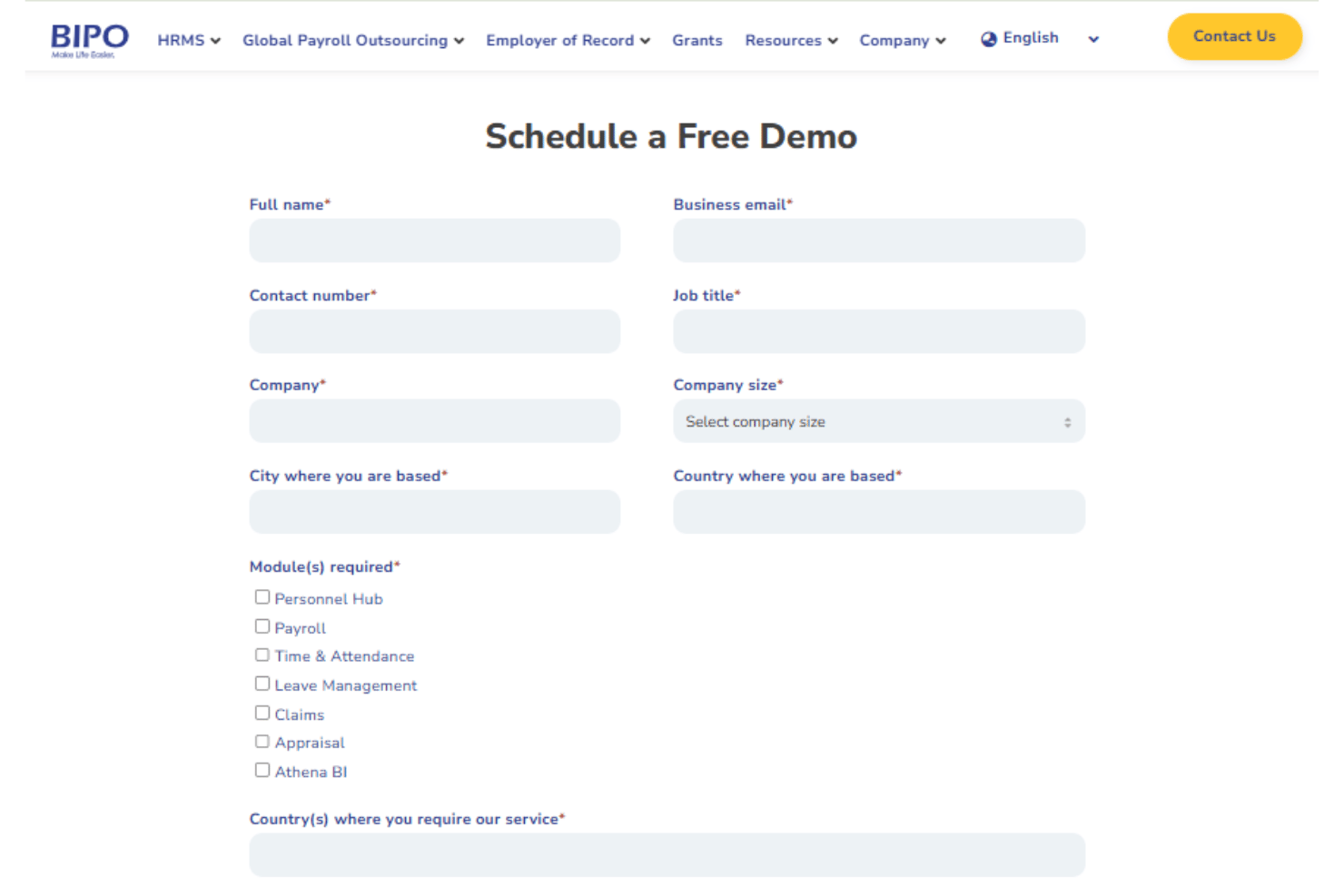 BIPO pricing dashboard with global payroll and HR services