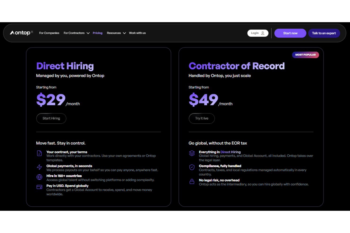 Ontop pricing with clear fees for contractors and employees.