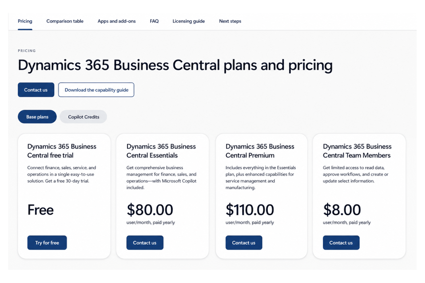 Microsoft Dynamics 365 Business Central pricing plans featuring Essentials, Premium, and Team Members tiers with finance, operations, and business management capabilities.