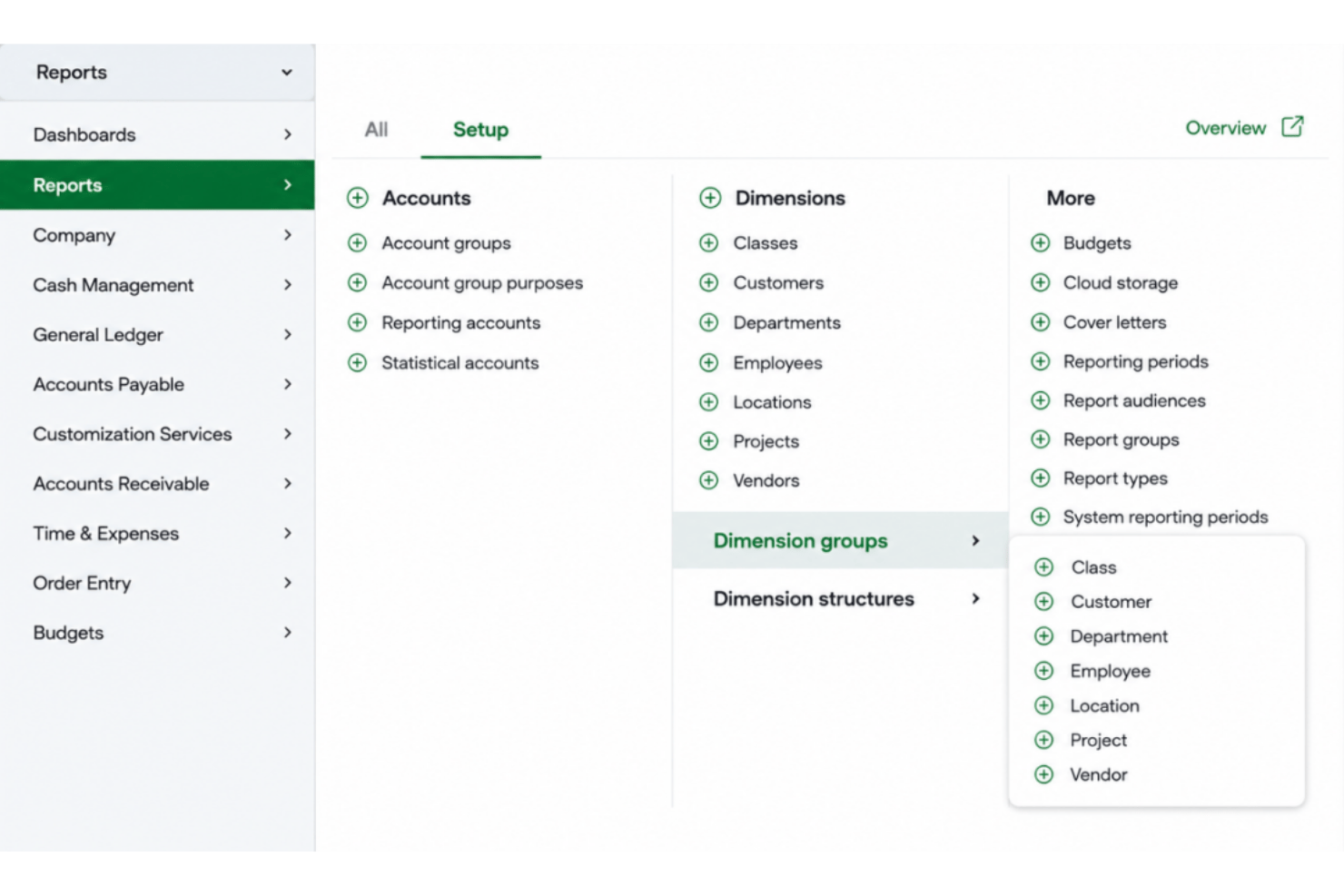 Sage Intacct dimensional accounting dashboard featuring transaction tagging by location, department, project, entity, and customizable financial reporting.