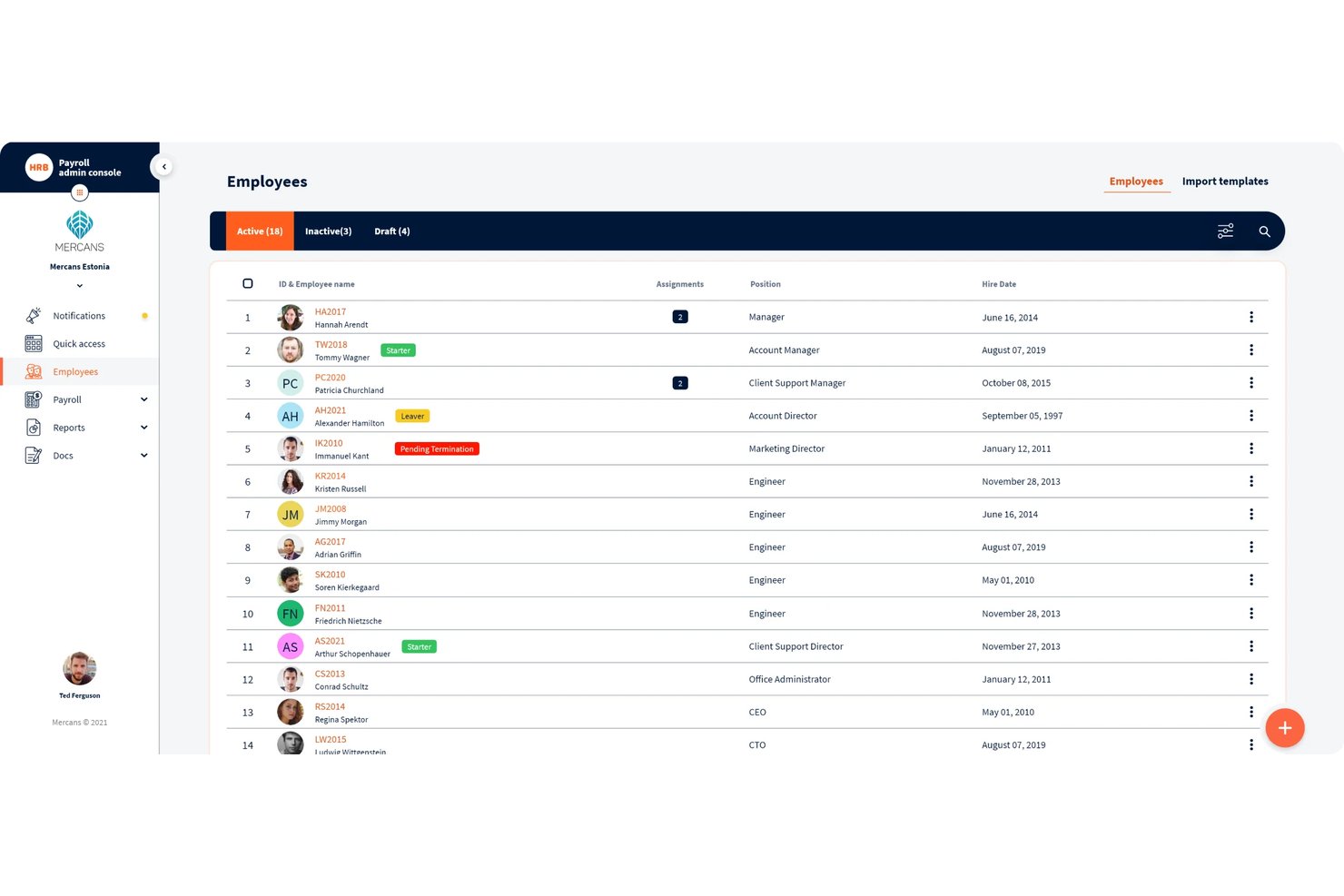 HR Blizz offers an employee management console displaying active, inactive, and draft employee lists with hire dates, positions, and assignment details.