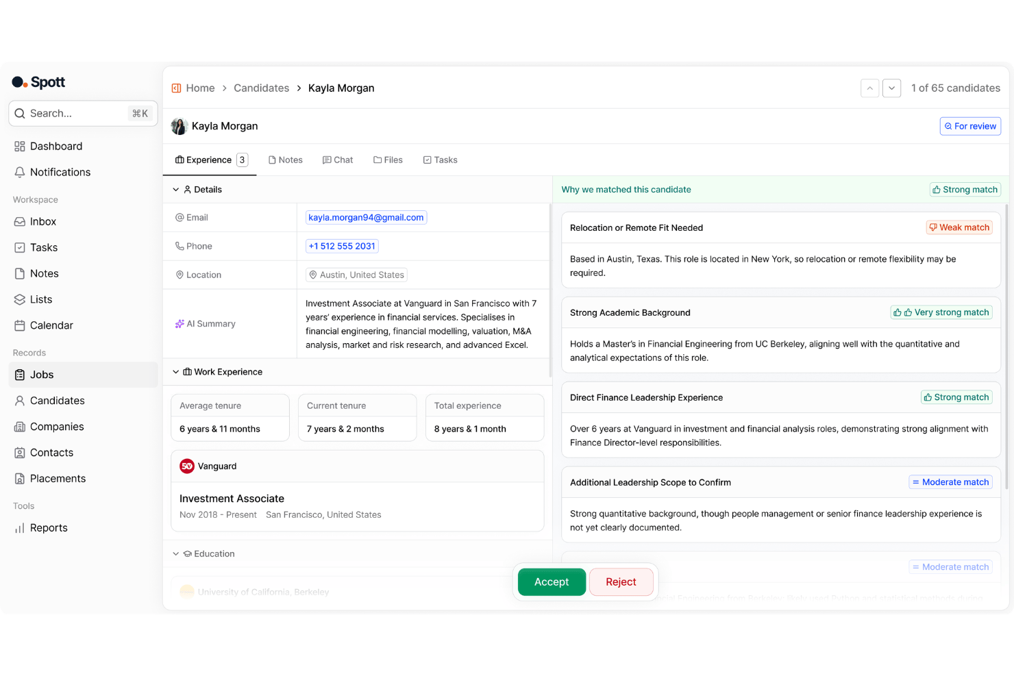 Spott combines candidate profiles, AI insights, and recruiting workflows in one view.