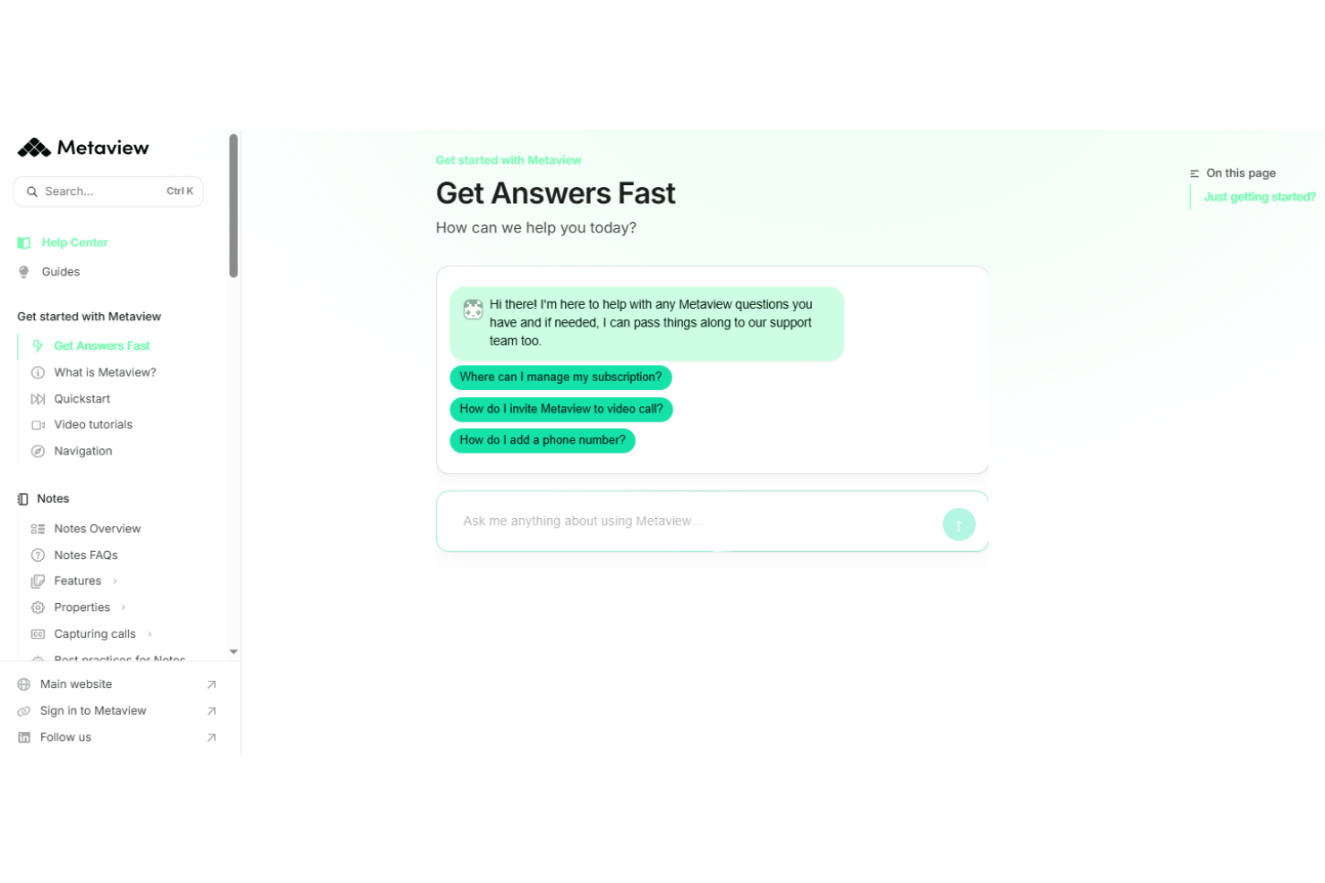 Metaview onboarding featuring guided setup, in-app tutorials, live chat support, knowledge base, recruiter training, interview workflow setup, and AI recruiting platform onboarding.