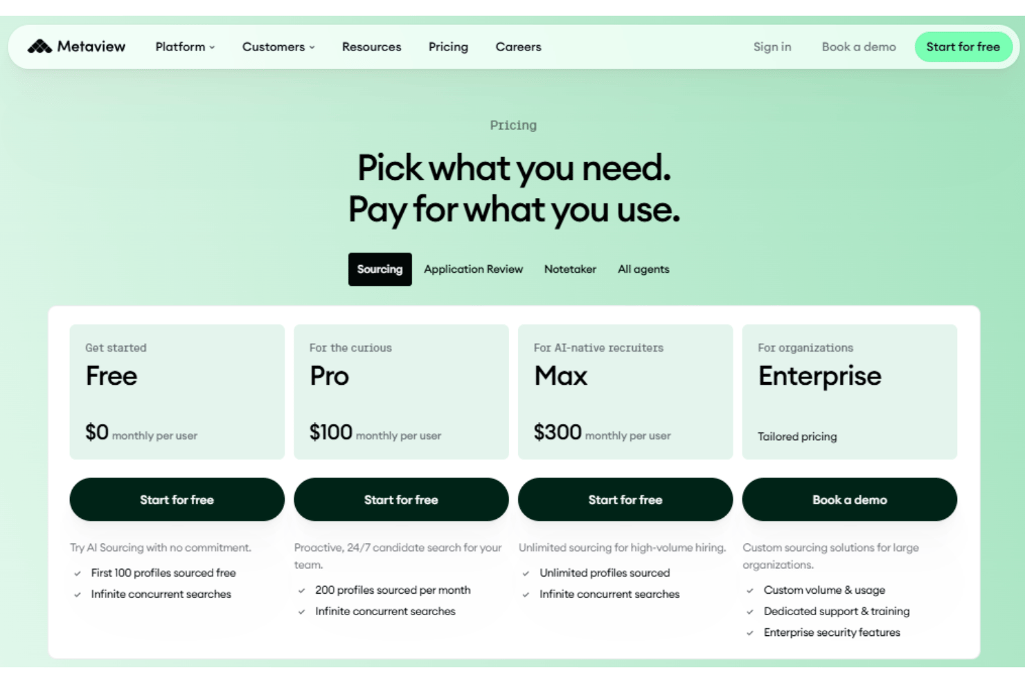 Metaview pricing plans featuring Free, Pro, Screening, and Enterprise tiers with AI candidate sourcing, interview automation, conversation analytics, candidate summaries, enterprise security, and recruiting team support.
