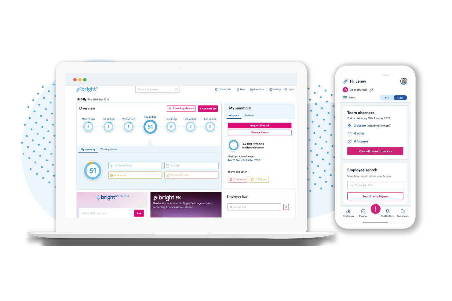 BrightHR offers a dual-view dashboard displaying employee absence tracking, time-off summaries, and team management on both desktop and mobile interfaces.